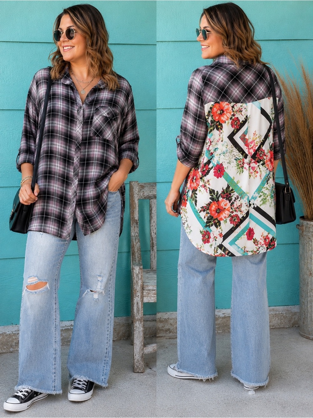 Tolani Collection Plaid Print Back Tunic Blouse 2X Boho Artsy Pockets